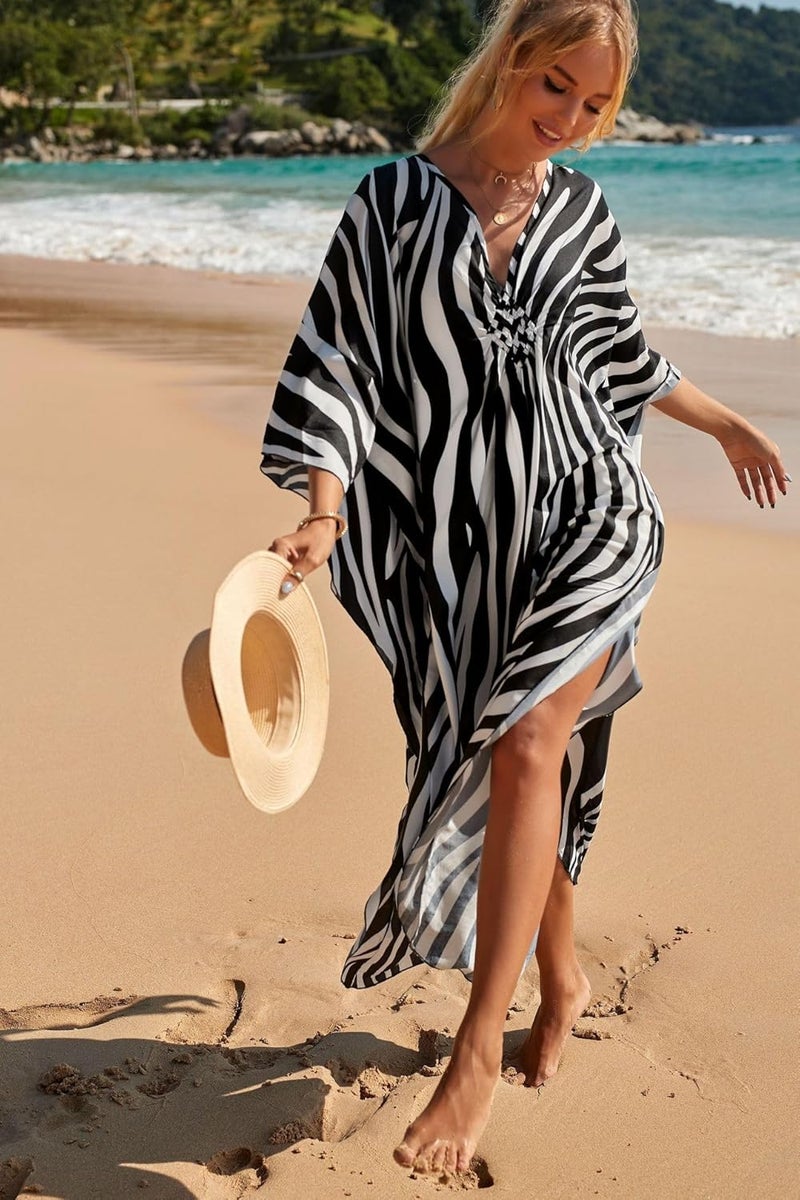IMAGEKOPE Women's Plus Size Animal Print V-Neck Batwing Kaftan Beach Dress Bathing Suit Cover-Up Loungewear - Image 5